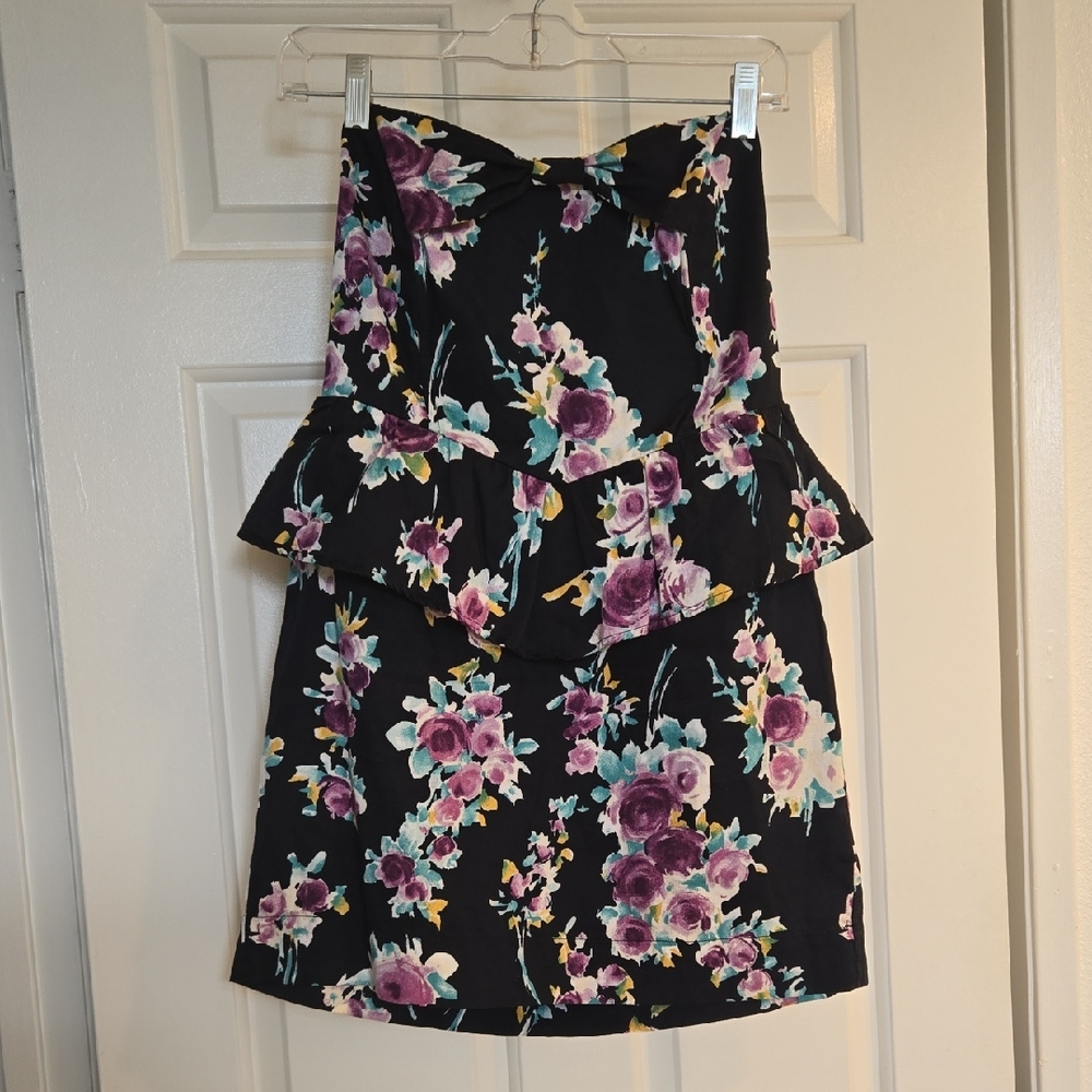 Floral Peplum Strapless Mini Dress With Bow Detail